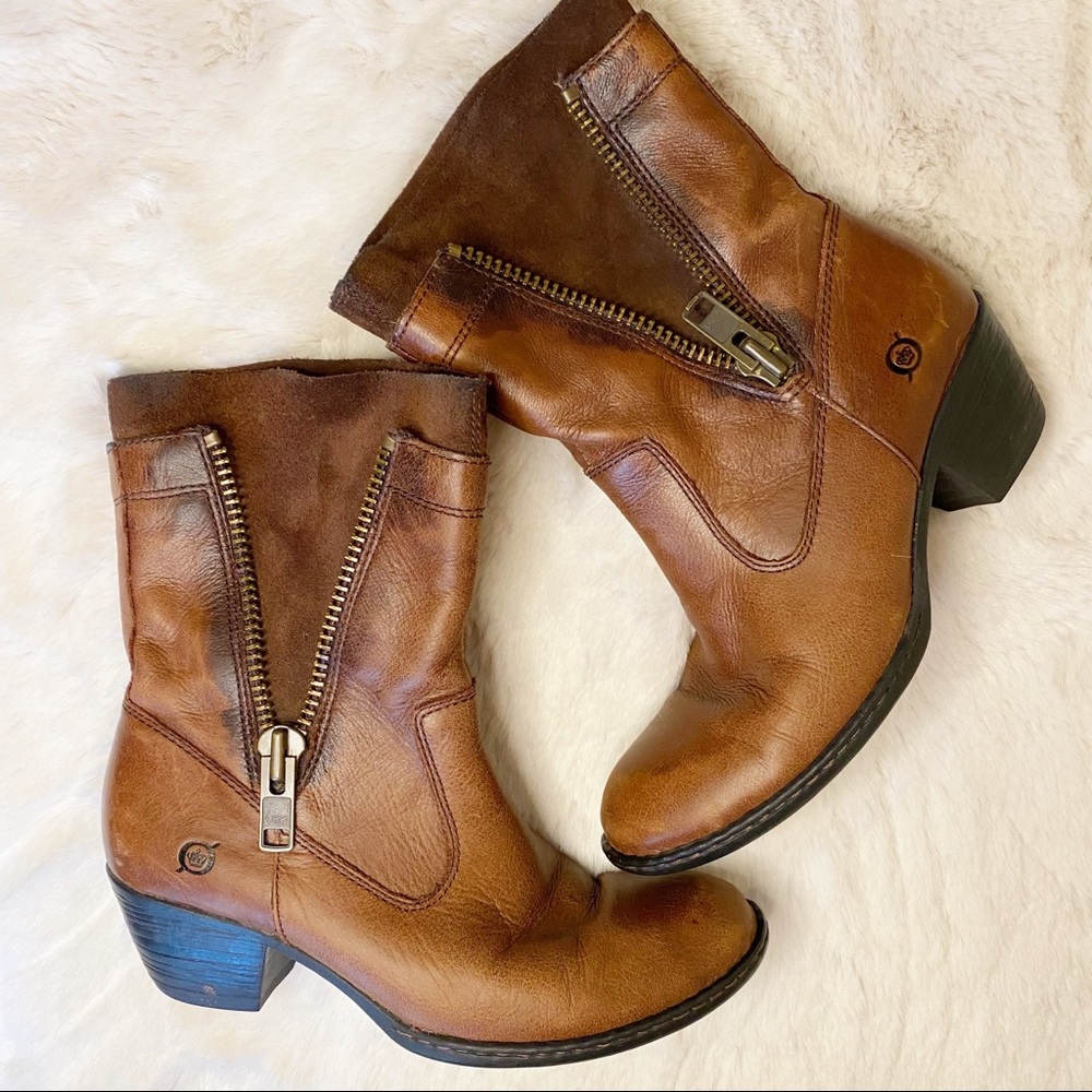 BORN Mila Ankle Moto Western Double Zipper Tan Booties - 6